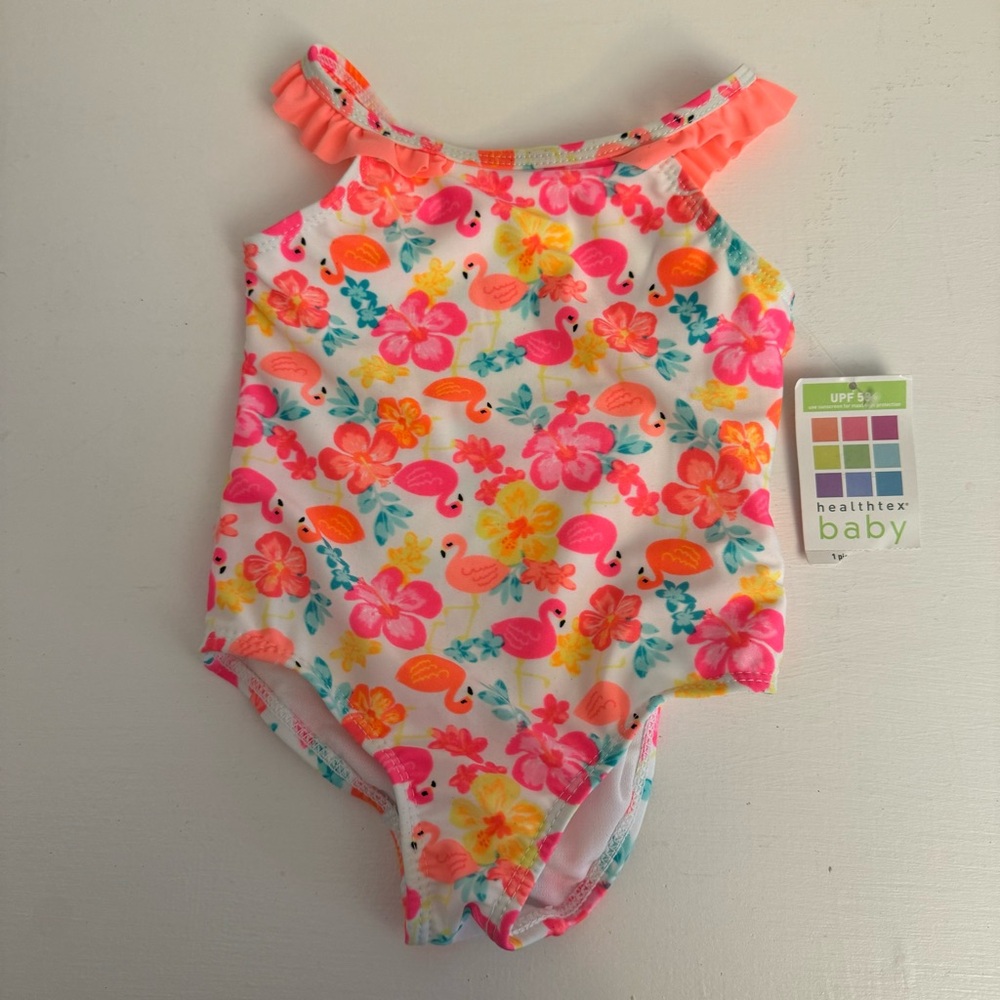 Healthtex Baby Girl Size 24 Months One Piece Swimsuit Flamingo Print UPF 50+